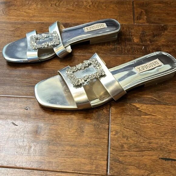 Badgley Mischka Collection Josette Leather Slide Sandal Silver, 8.5! - Picture 3 of 12